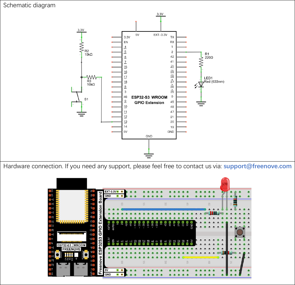 Official Freenove circuit for Button and LED: a LED on GPIO 2 through a 220 ohm resistor to ground, and a push button on GPIO 13 held by 10 kilo-ohm resistors, shown as both a schematic and a breadboard photo.