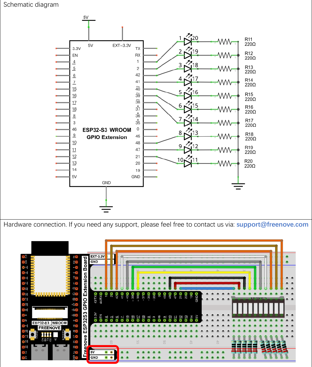 Official Freenove LED bar circuit: ten LED segments, each driven from its own GPIO pin through a 220 ohm resistor and returning through a shared common row to ground, shown as both a schematic and a breadboard photo.
