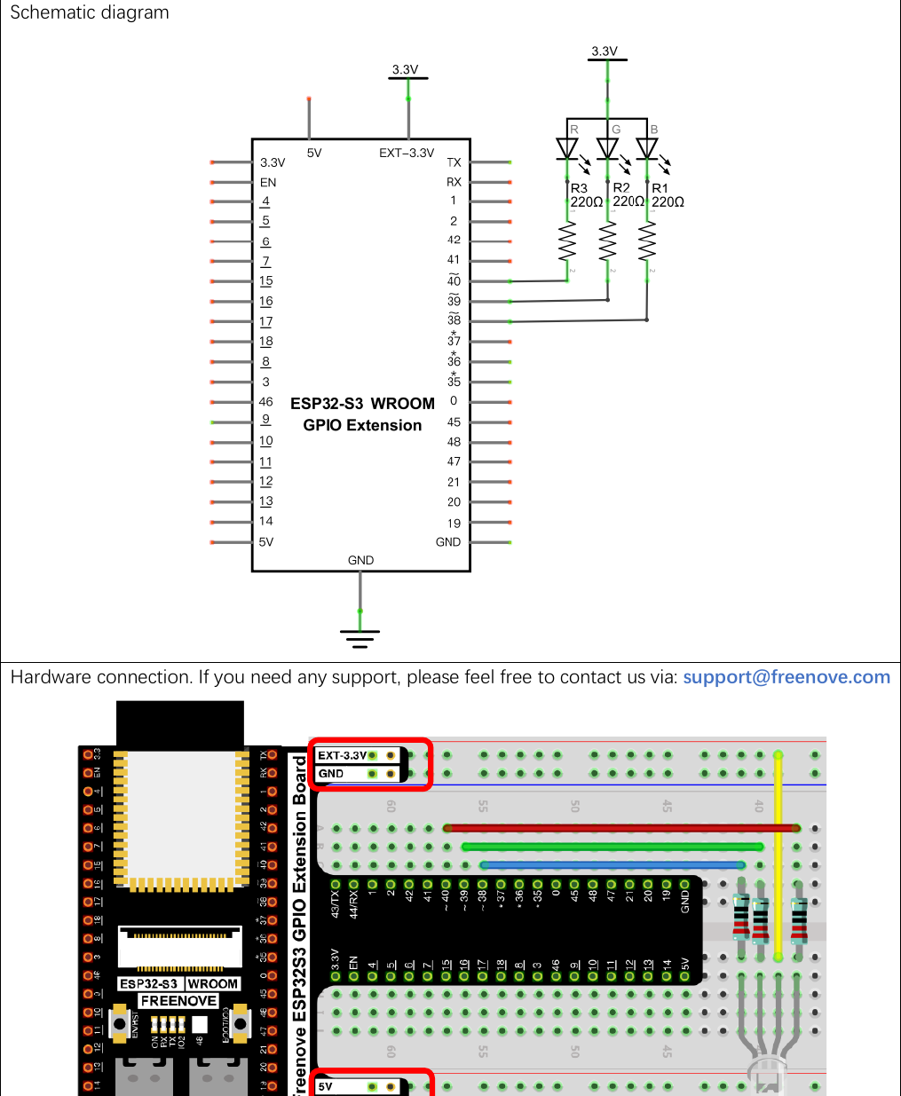 Official Freenove circuit for the RGB LED: a red, a green, and a blue leg each running through its own 220 ohm resistor to a separate GPIO pin, with the long common pin joined to 3.3 volts, shown as both a schematic and a breadboard photo.
