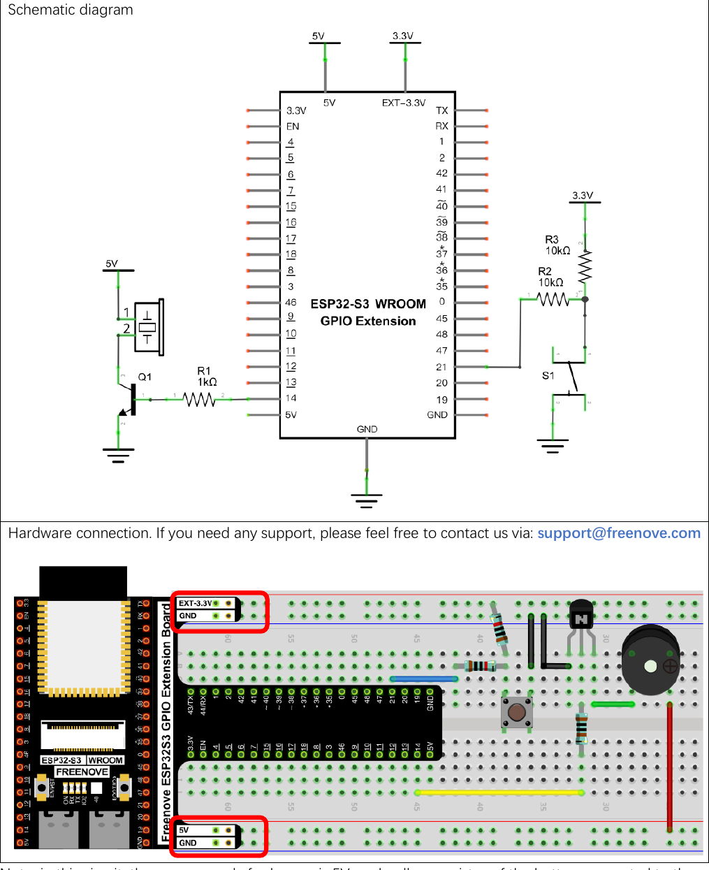 Official Freenove circuit for the Buzzer: an active buzzer driven from GPIO 14 through an NPN transistor with a 1 kilo-ohm resistor on its base and the buzzer powered from the 5V rail, plus a push button on GPIO 21 held by 10 kilo-ohm resistors, shown as both a schematic and a breadboard photo.