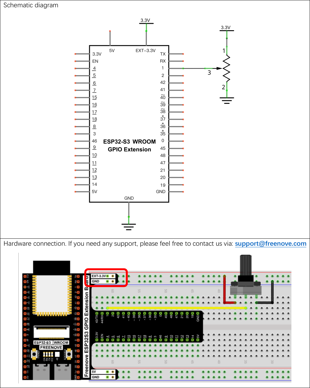 Official Freenove circuit for reading a potentiometer: the pot's two outer pins wired to 3.3V and ground, and its middle pin wired to GPIO 1, shown as both a schematic and a breadboard photo.