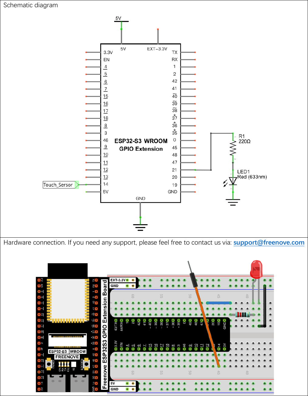Official Freenove circuit for the touch lamp: a bare jumper wire on GPIO 14 acting as a touch pad, and a LED on GPIO 21 through a 220 ohm resistor to ground, shown as both a schematic and a breadboard photo.