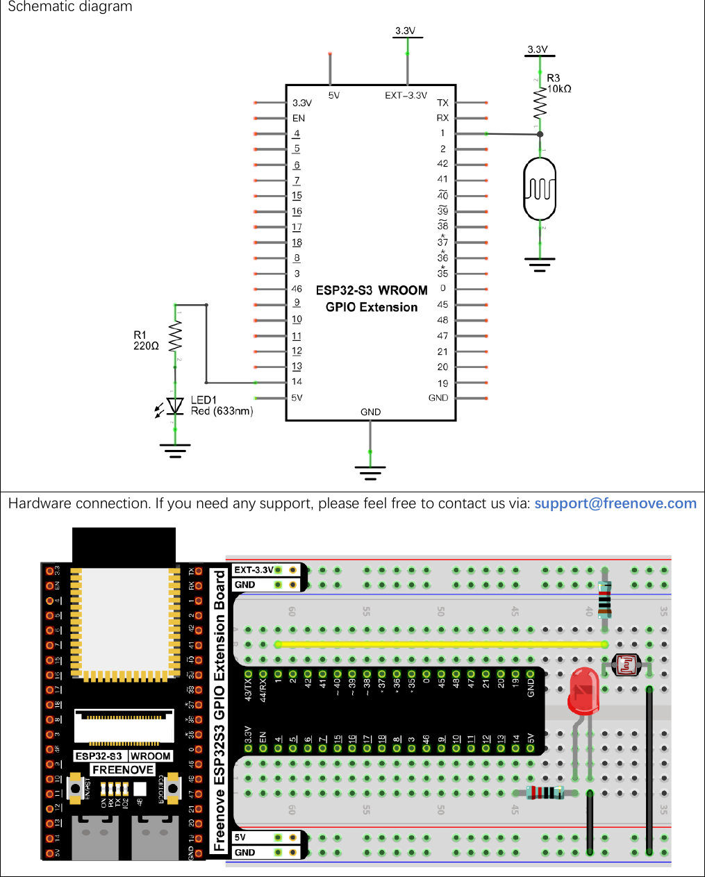 Official Freenove circuit for the night lamp: a photoresistor and a 10 kilo-ohm resistor forming a voltage divider into GPIO 1, and an LED on GPIO 14 through a 220 ohm resistor, shown as both a schematic and a breadboard photo.
