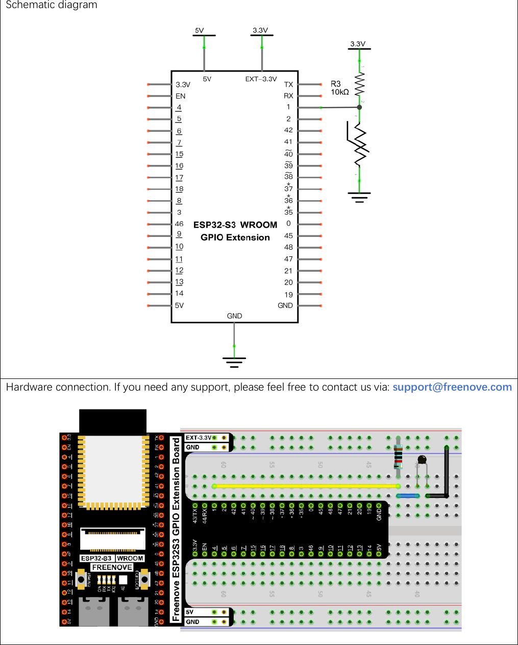 Official Freenove circuit for the thermometer: a 10 kilo-ohm resistor from 3.3V down to GPIO 1, and a thermistor from that same point to ground, shown as both a schematic and a breadboard photo.