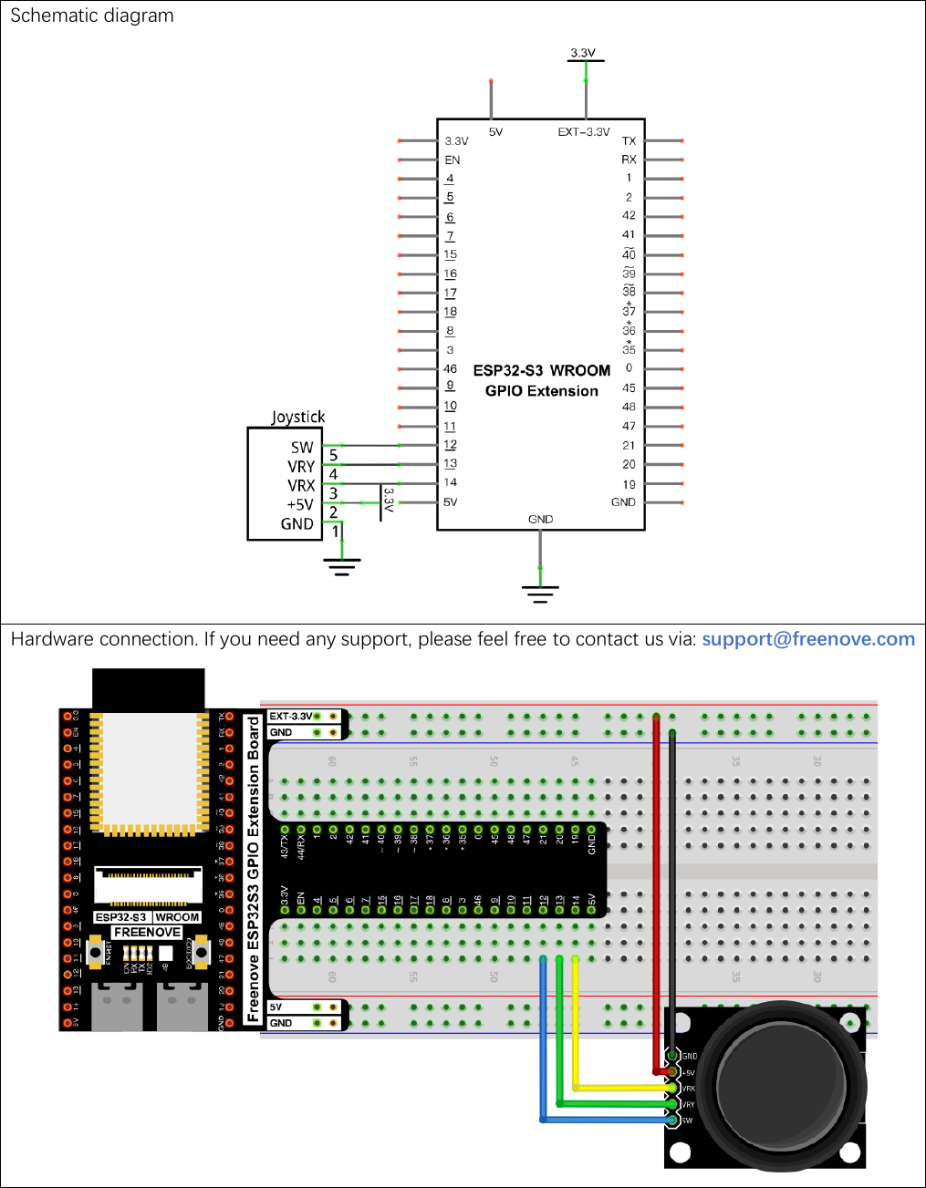 Official Freenove circuit for the joystick module: VRX to GPIO 14, VRY to GPIO 13, SW to GPIO 12, the module's +5V pin fed from the 3.3V rail, and GND to ground, shown as both a schematic and a breadboard photo.