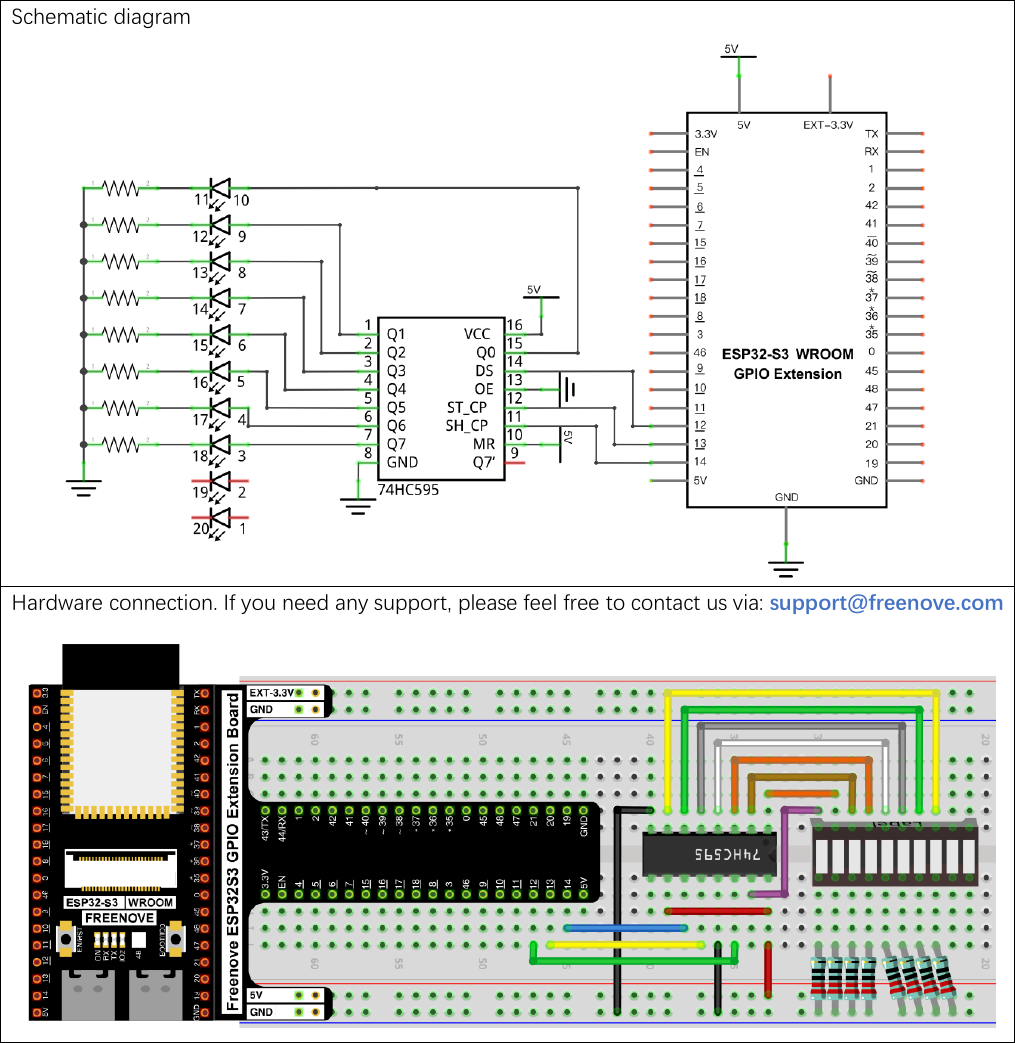 Official Freenove circuit for the 74HC595 flowing light: the chip straddles the breadboard with GPIO 12 on its data pin, GPIO 13 on its latch pin, and GPIO 14 on its clock pin, and outputs Q0 to Q7 driving the LED bar graph through eight 220 ohm resistors, shown as both a schematic and a breadboard photo.