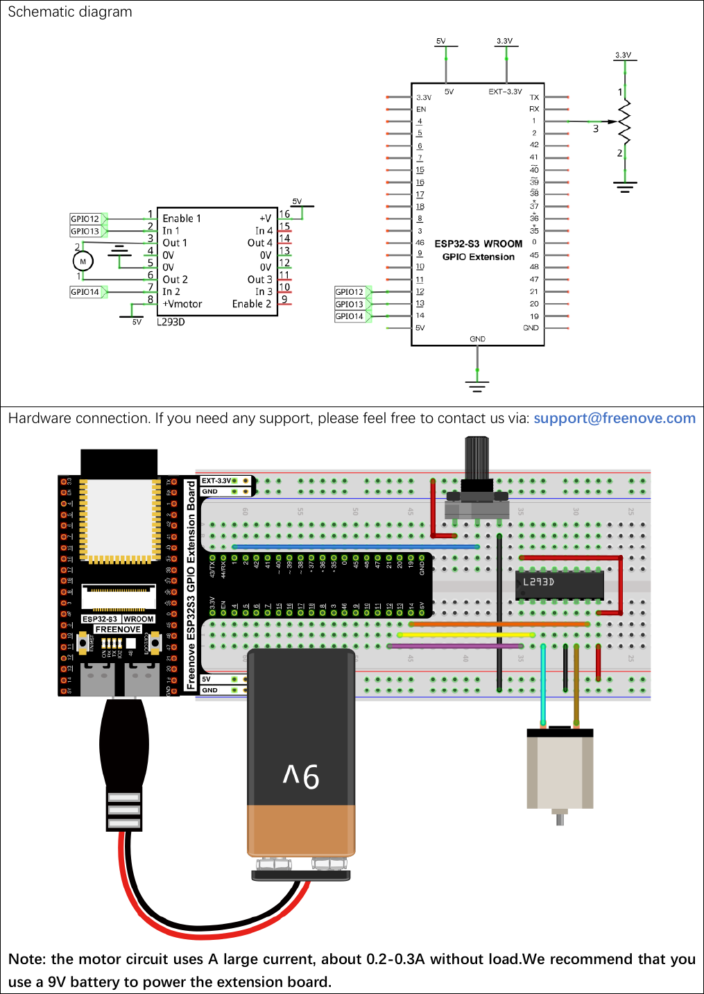Official Freenove circuit for driving a DC motor with an L293D: the chip's In1, In2, and Enable1 pins wired to GPIO 13, 14, and 12, a rotary potentiometer feeding GPIO 1, the motor on the chip's Out1 and Out2, and a 9V battery powering the extension board, shown as both a schematic and a breadboard photo.