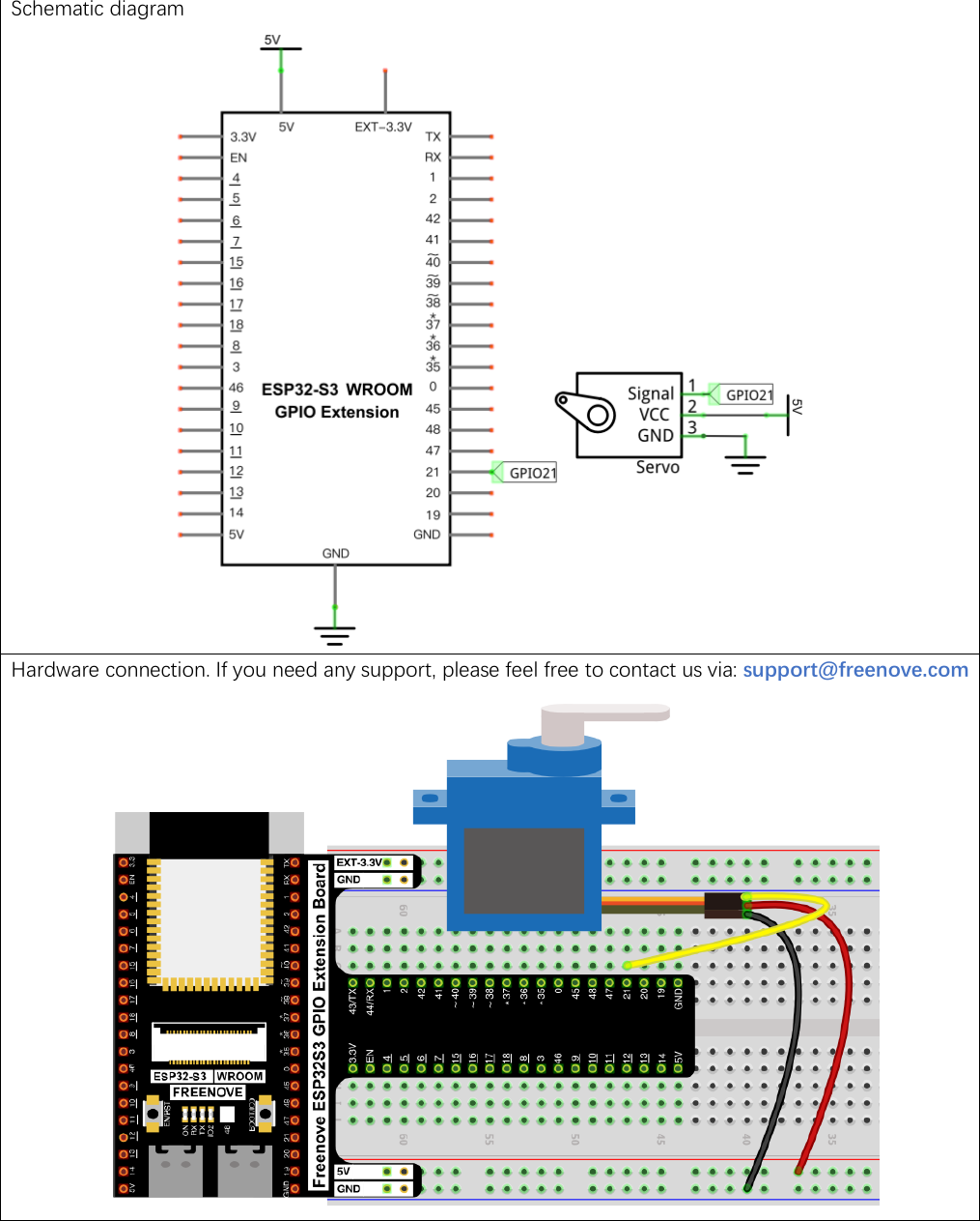 Official Freenove circuit for the servo sweep: a servo's orange signal wire on GPIO 21, its red power wire on 5V, and its brown ground wire on GND, shown as both a schematic and a breadboard photo.