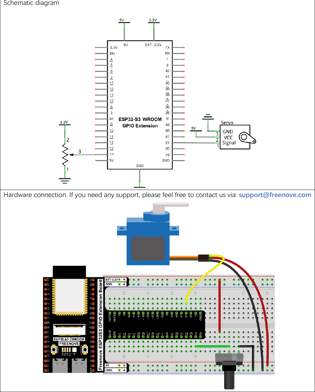 Official Freenove circuit for controlling a servo with a potentiometer: the pot's middle pin wired to GPIO 14 and its outer pins to 3.3V and ground, with the servo's signal wire on GPIO 21 and its power pair on 5V and ground, shown as both a schematic and a breadboard photo.