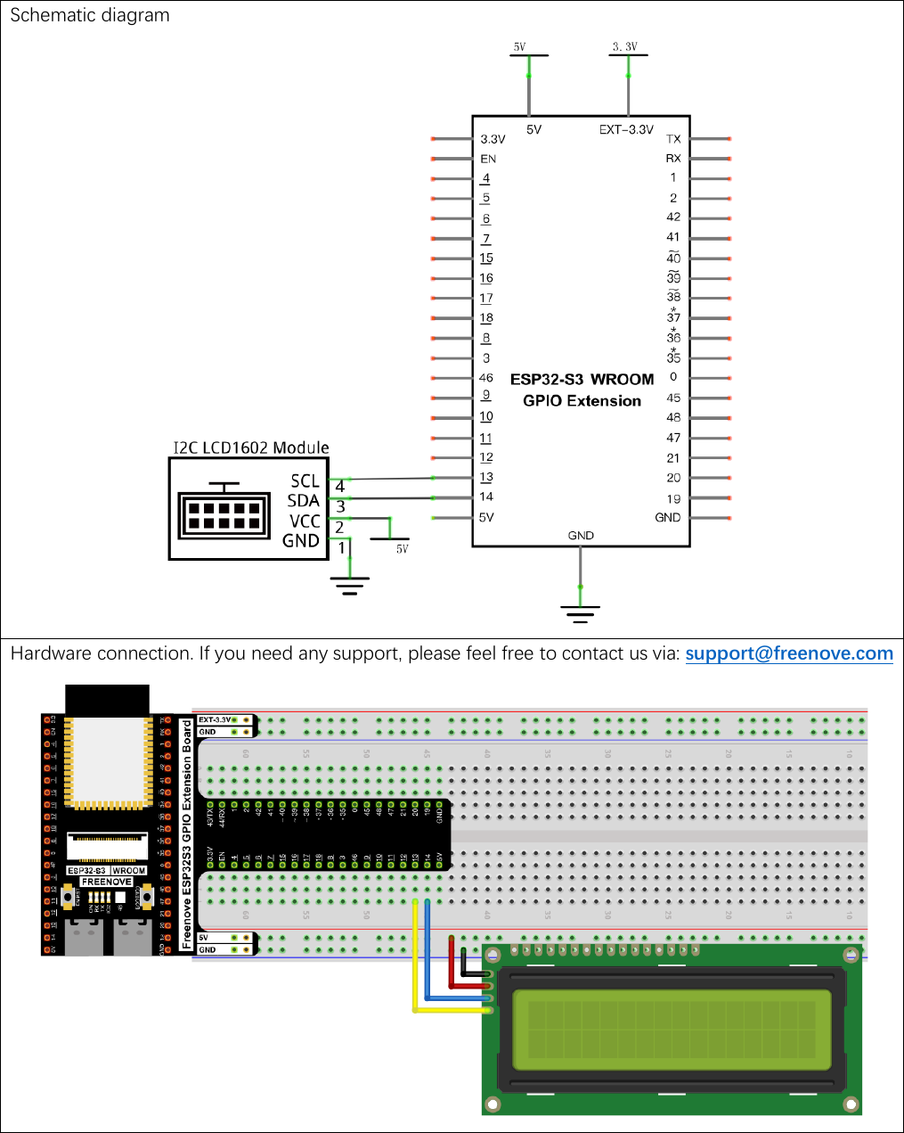 Official Freenove circuit for the LCD1602: the module's I2C backpack wired with four jumpers — GND to ground, VCC to 5V, SDA to GPIO 14, and SCL to GPIO 13 — shown as both a schematic and a breadboard photo.