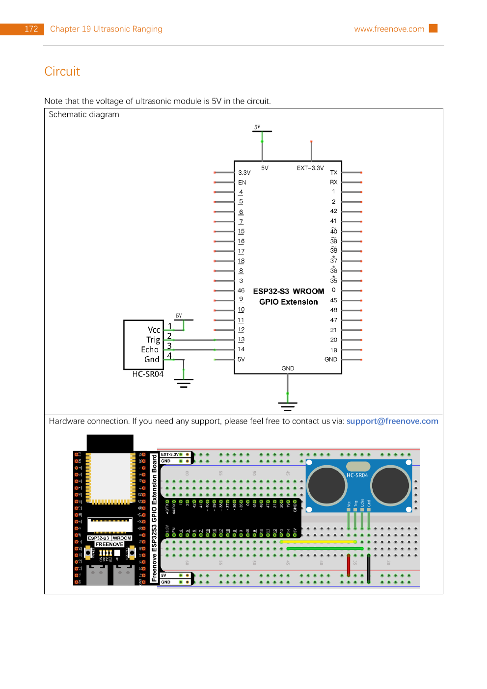 Official Freenove diagram showing HC-SR04 VCC connected to 5V, Trig to GPIO 13, Echo to GPIO 14, and GND to ground on the ESP32-S3 GPIO extension board.