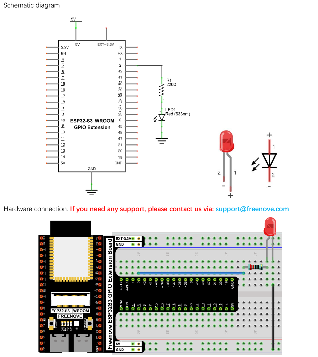 Official Freenove circuit for Bluetooth Control LED: a single LED on GPIO 2 through a 220 ohm resistor to ground, shown as both a schematic and a breadboard photo.