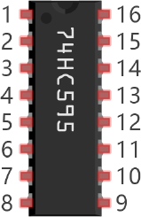 Official manual photo of the 74HC595 shift register chip with its pins labelled.