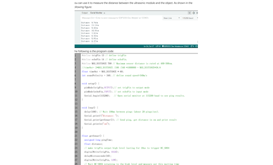 Official manual page showing an Arduino sketch and its Serial Monitor output.