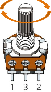 Official manual illustration of a rotary potentiometer with rotation arrows and its three pins labelled 1, 3, and 2.