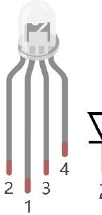Official manual photo of an RGB LED showing its long common pin and three colour legs.