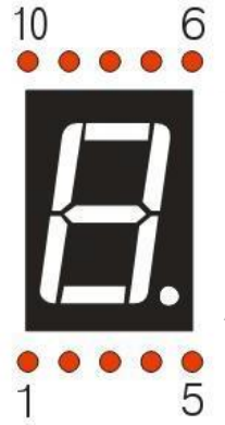 Official manual photo of a one-digit seven-segment display module with its pins numbered 10, 6, 1, and 5 at the corners.